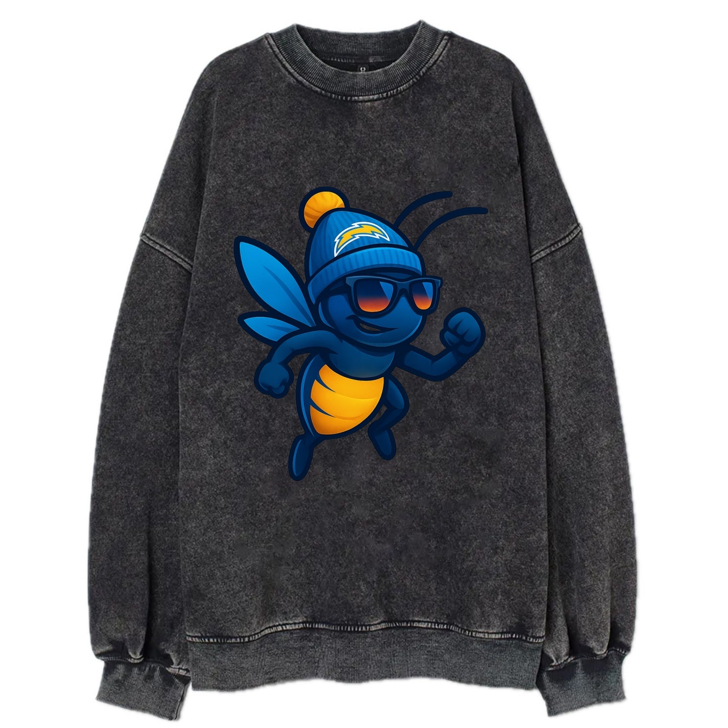 LA Lightning Bug wearing Chargers powder blue and gold beanie with pom pom and - Vintage Sweatshirt - Black
