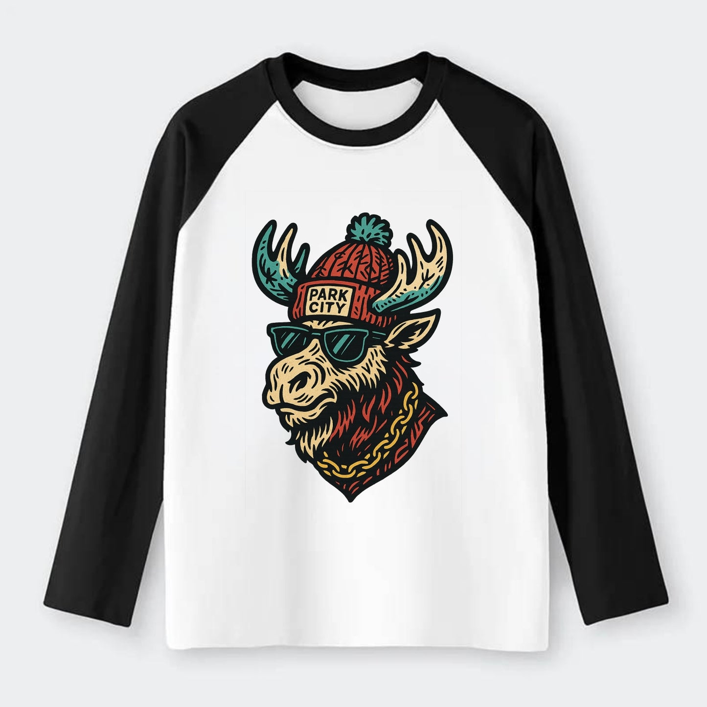 Park City Moose wearing Park City beanie with pom pom and wayfarer - Raglan Long Sleeve T-Shirt - Black