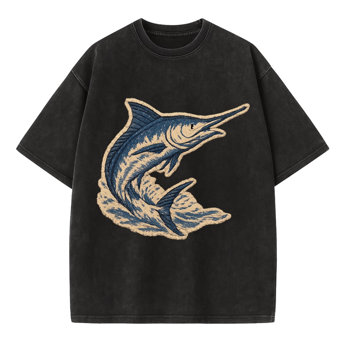 SWORDFISH MARLIN - leaping marlin in blue and silver , sport fishing - Vintage T-shirt - Black