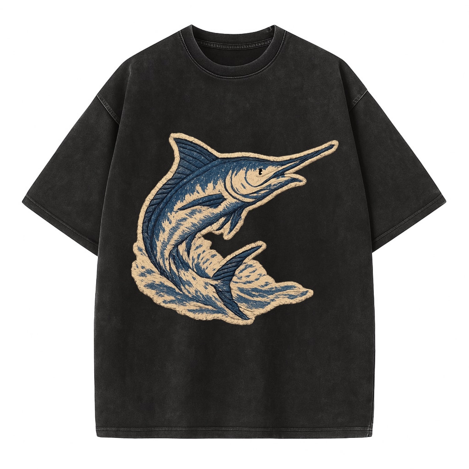 SWORDFISH MARLIN - leaping marlin in blue and silver , sport fishing - Vintage T-shirt - Black