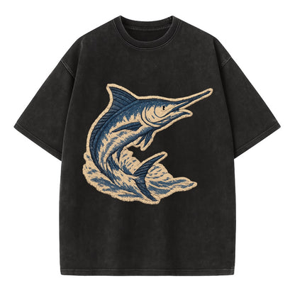 SWORDFISH MARLIN - leaping marlin in blue and silver , sport fishing - Vintage T-shirt - Black