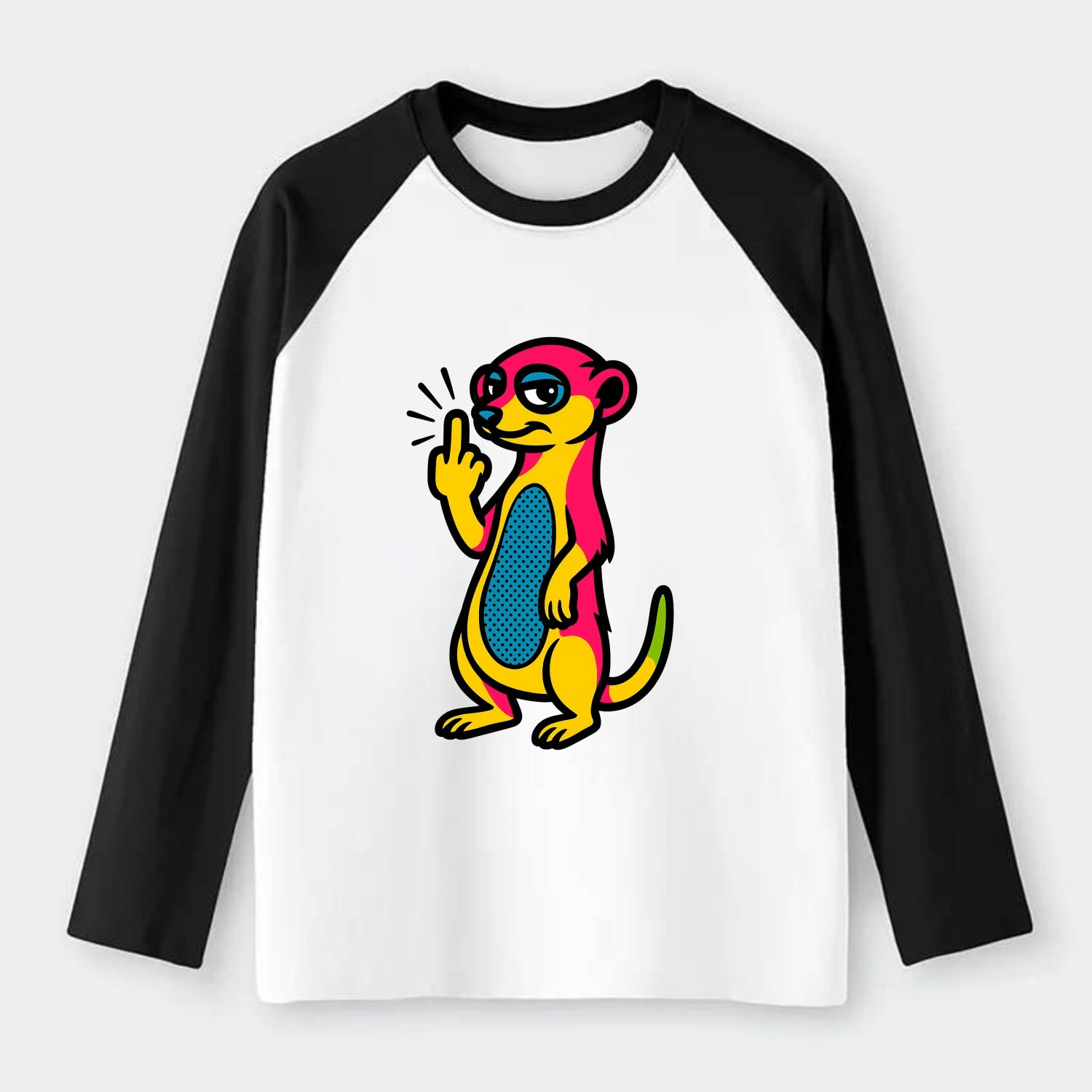 cute meerkat standing guard on hind legs, one front paw raised in - Raglan Long Sleeve T-Shirt - Black