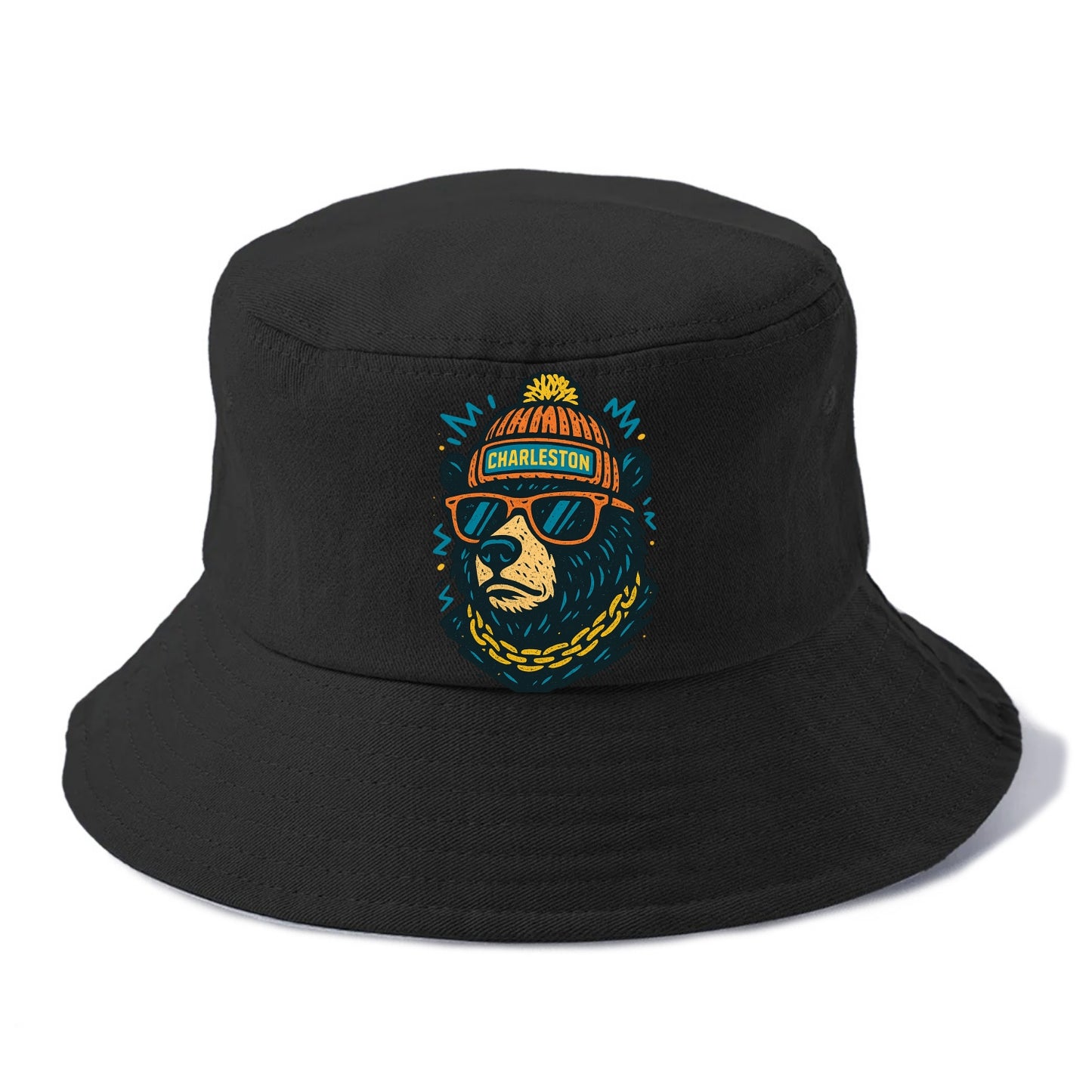 West Virginia Black Bear wearing Charleston beanie with pom pom and wayfarer sunglasses - Bucket Hat - Black