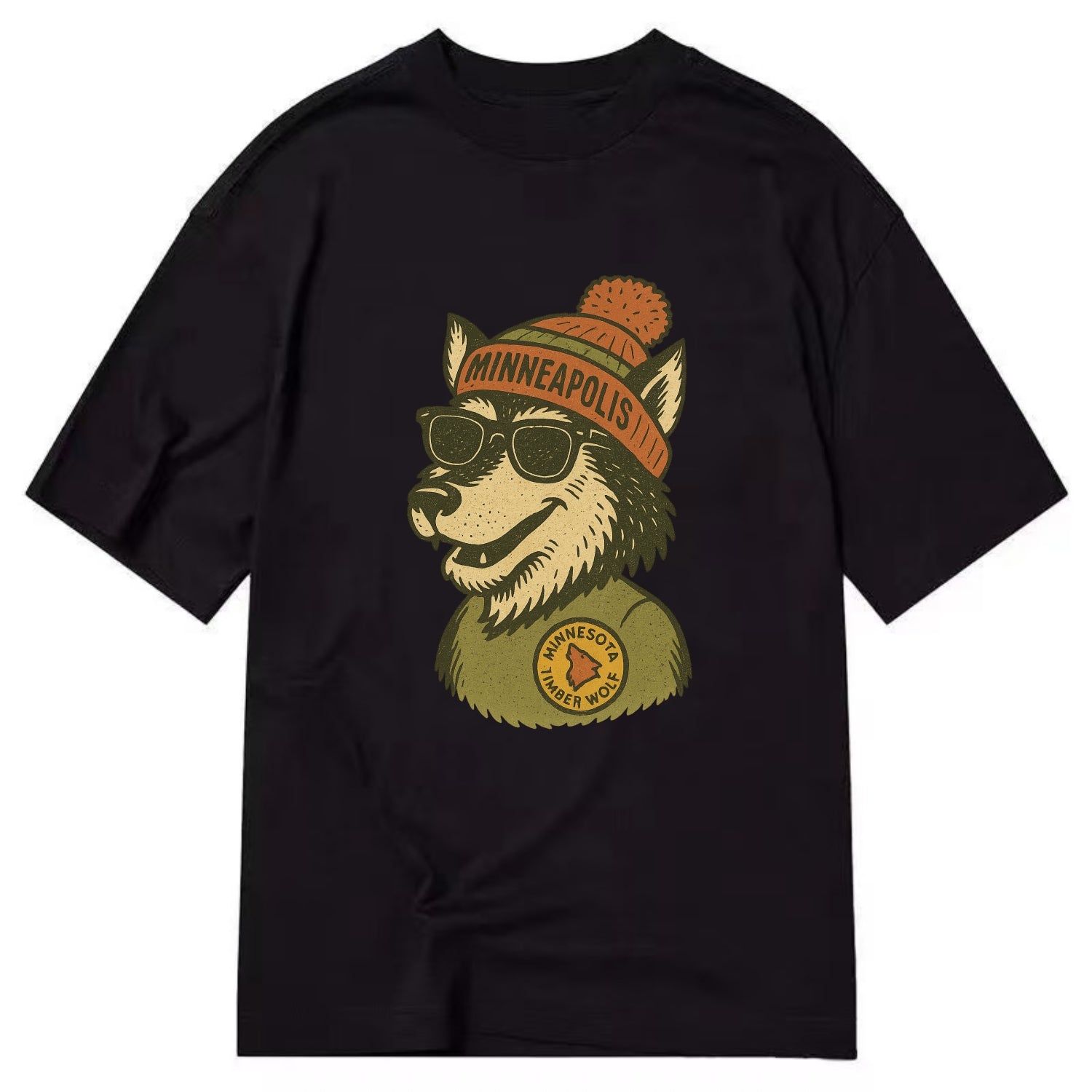 Minnesota Timber Wolf wearing Minneapolis beanie with pom pom and wayfarer - Classic T-shirt - Black