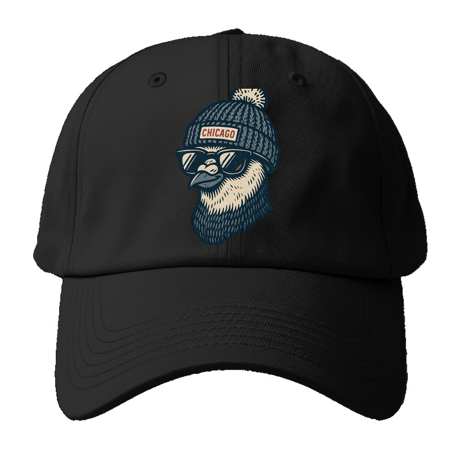 Chicago Pigeon wearing Chicago beanie with pom pom and wayfarer sunglasses - Baseball Cap - Black