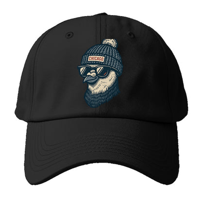 Chicago Pigeon wearing Chicago beanie with pom pom and wayfarer sunglasses - Baseball Cap - Black