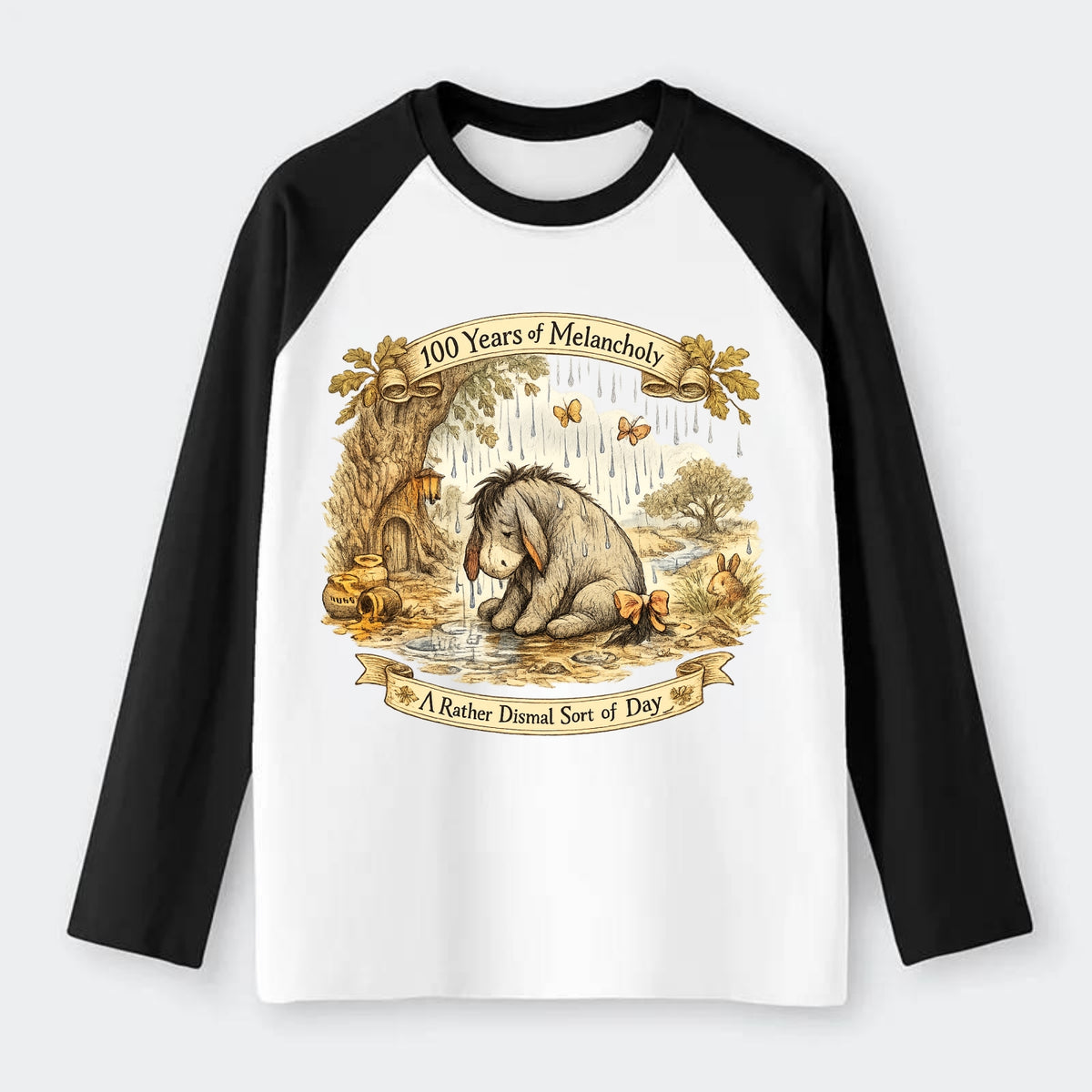 GLOOMY GLEN | Droopy figure in rain | Tattered tail bow | Pessimistic - Raglan Long Sleeve T-Shirt - Black