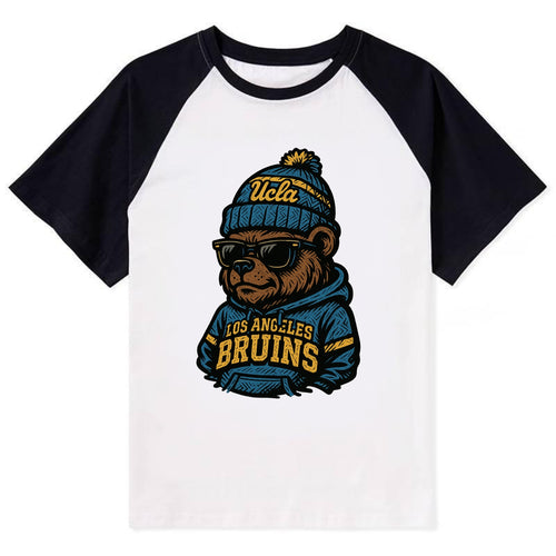 Los Angeles Bruin wearing UCLA beanie with script patch - Contrast Raglan T-shirt