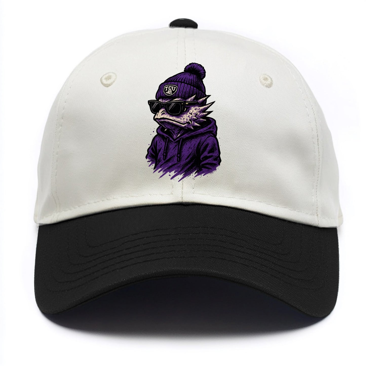 Fort Worth Horned Frog wearing TCU beanie with frog patch - Two Tone Cap - Black