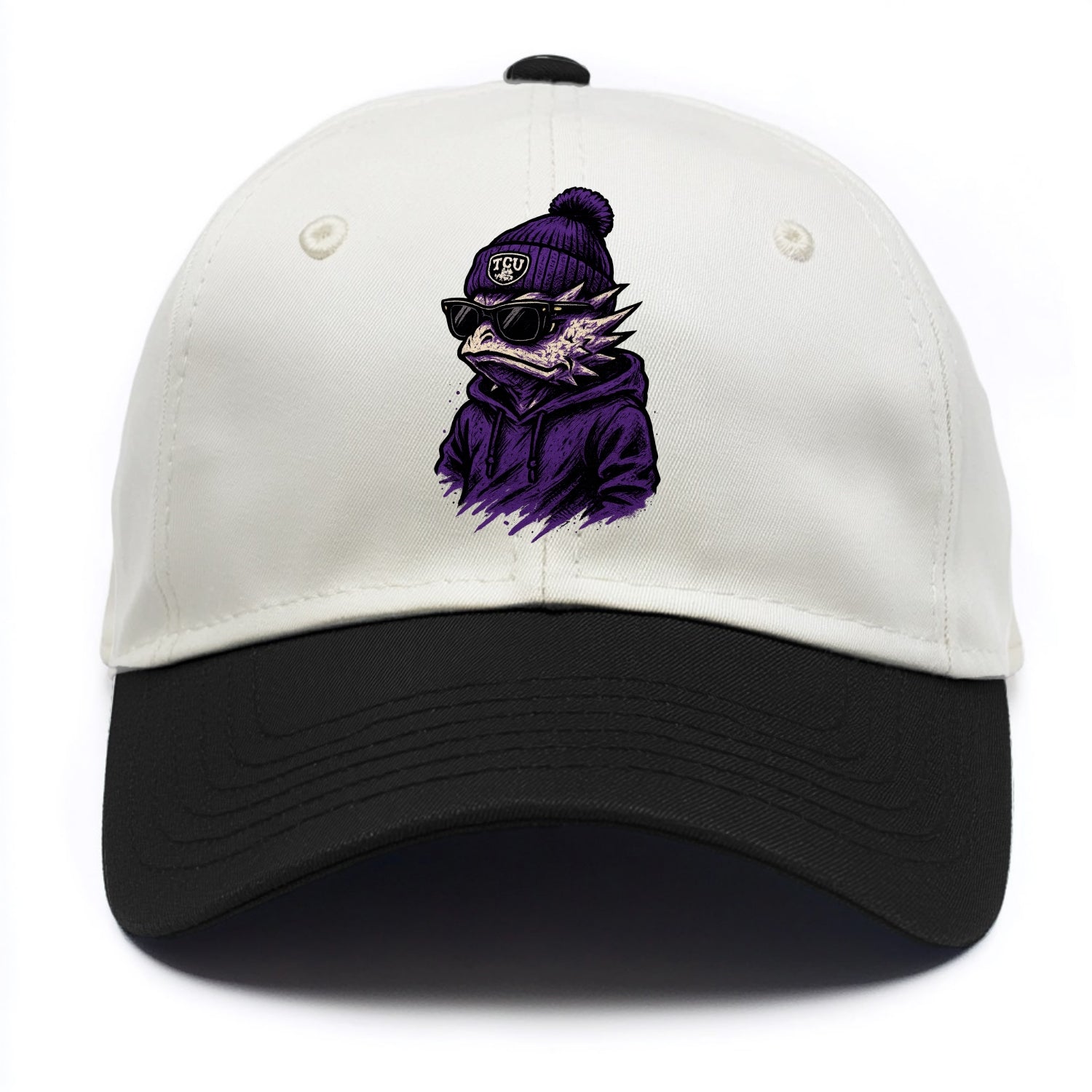 Fort Worth Horned Frog wearing TCU beanie with frog patch - Two Tone Cap - Black