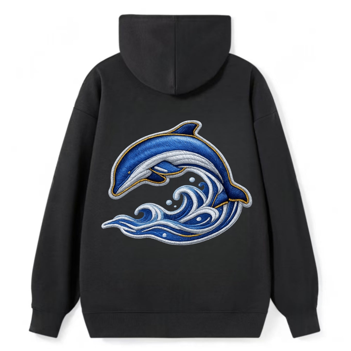 Embroidered patch design - SWIMMING DOLPHIN - diving dolphin with waves - Classic Pullover Hoodie - Black