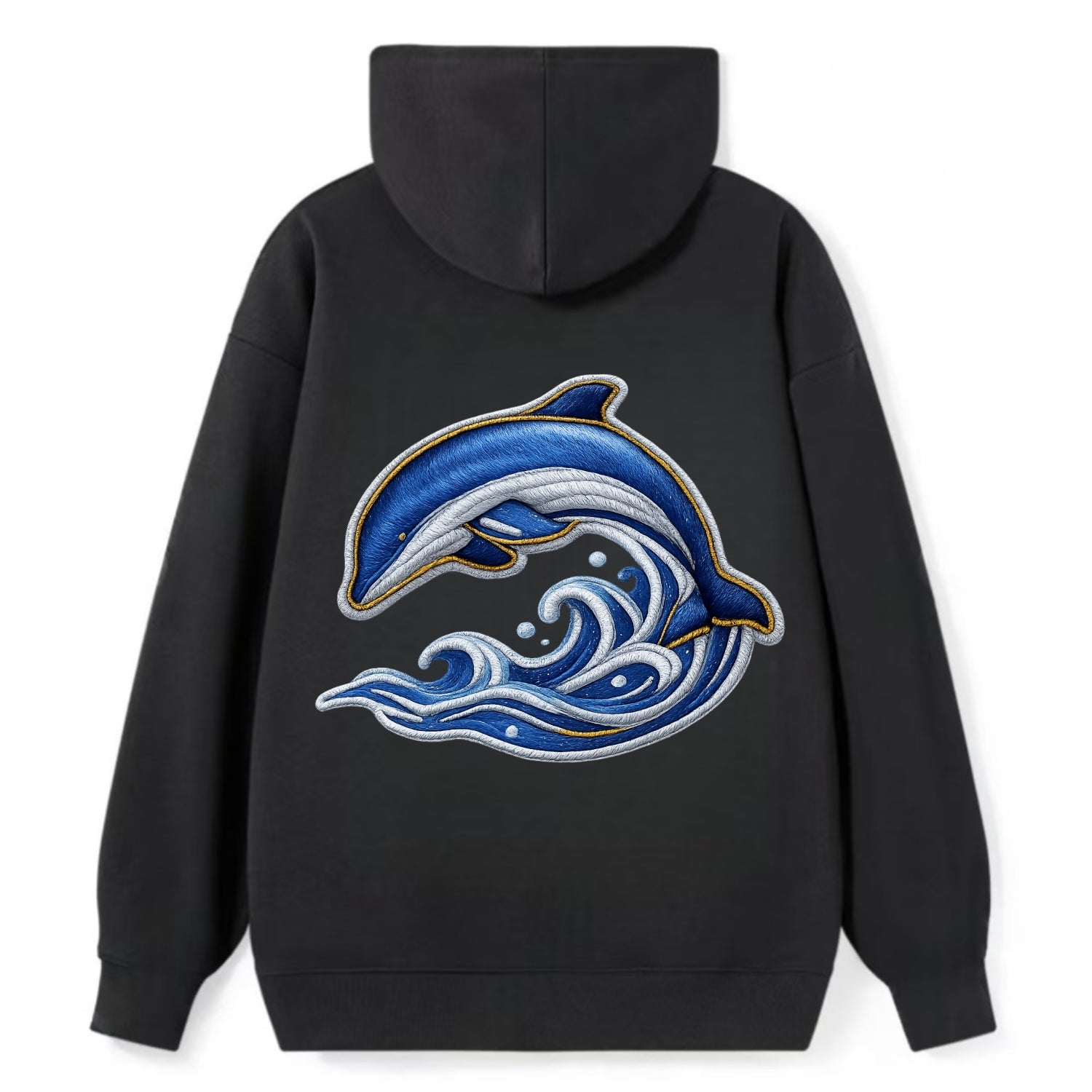 Embroidered patch design - SWIMMING DOLPHIN - diving dolphin with waves - Classic Pullover Hoodie - Black