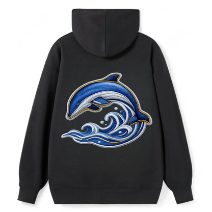 Embroidered patch design - SWIMMING DOLPHIN - diving dolphin with waves - Classic Pullover Hoodie - Black
