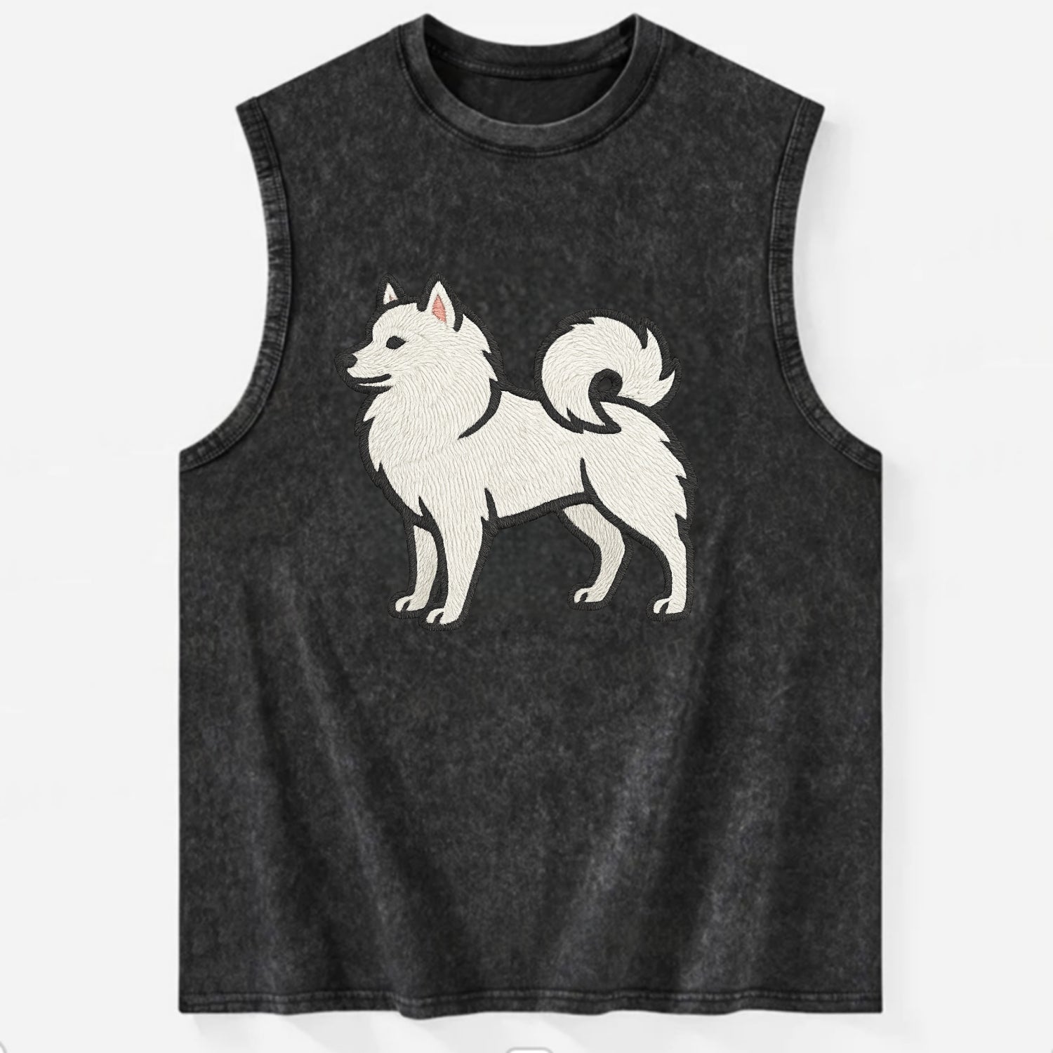 American Eskimo Dog - White spitz embroidered standing design - Vintage Washed Tank - Black
