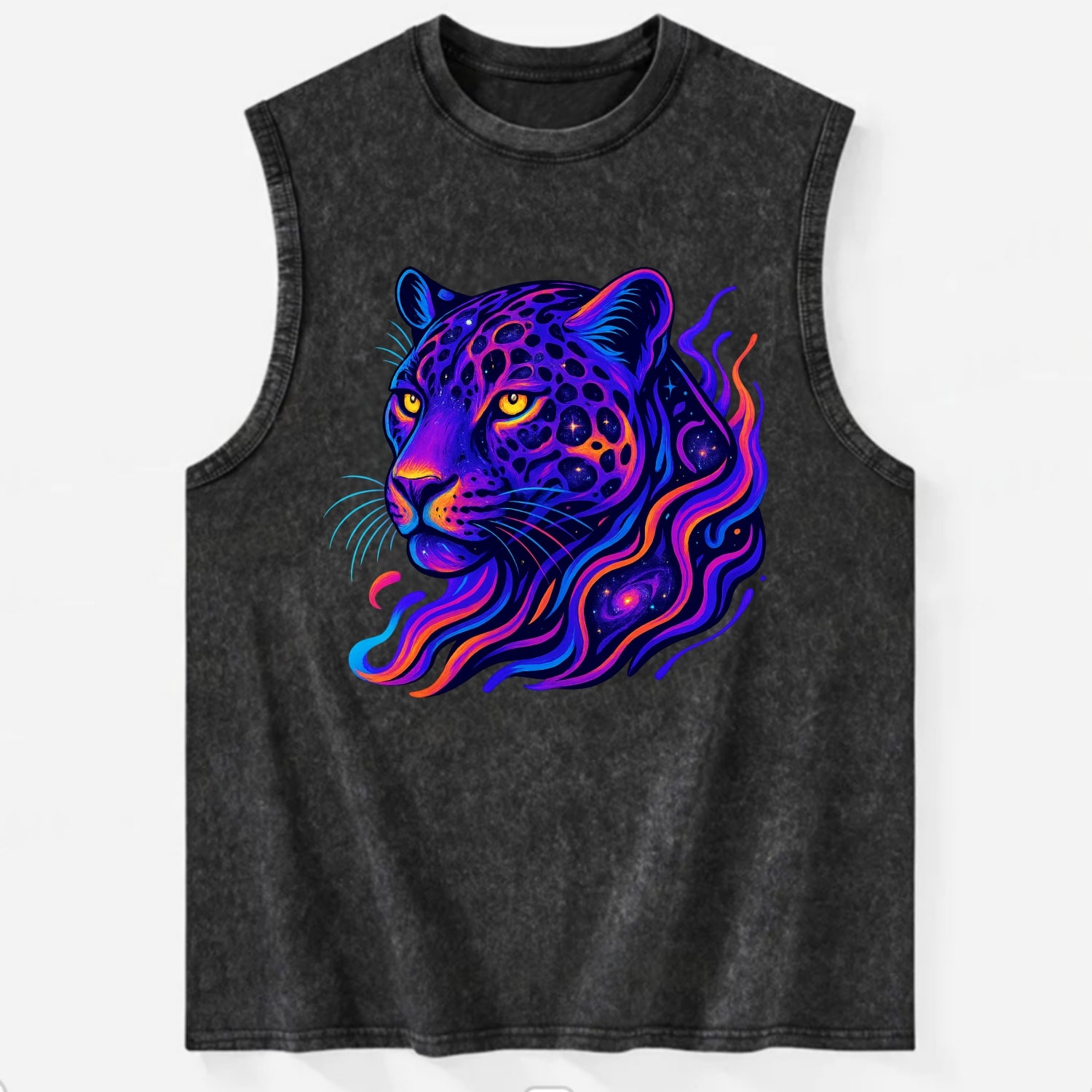 Powerful jaguar with rosettes containing miniature galaxies, cosmic purple - Vintage Washed Tank - Black