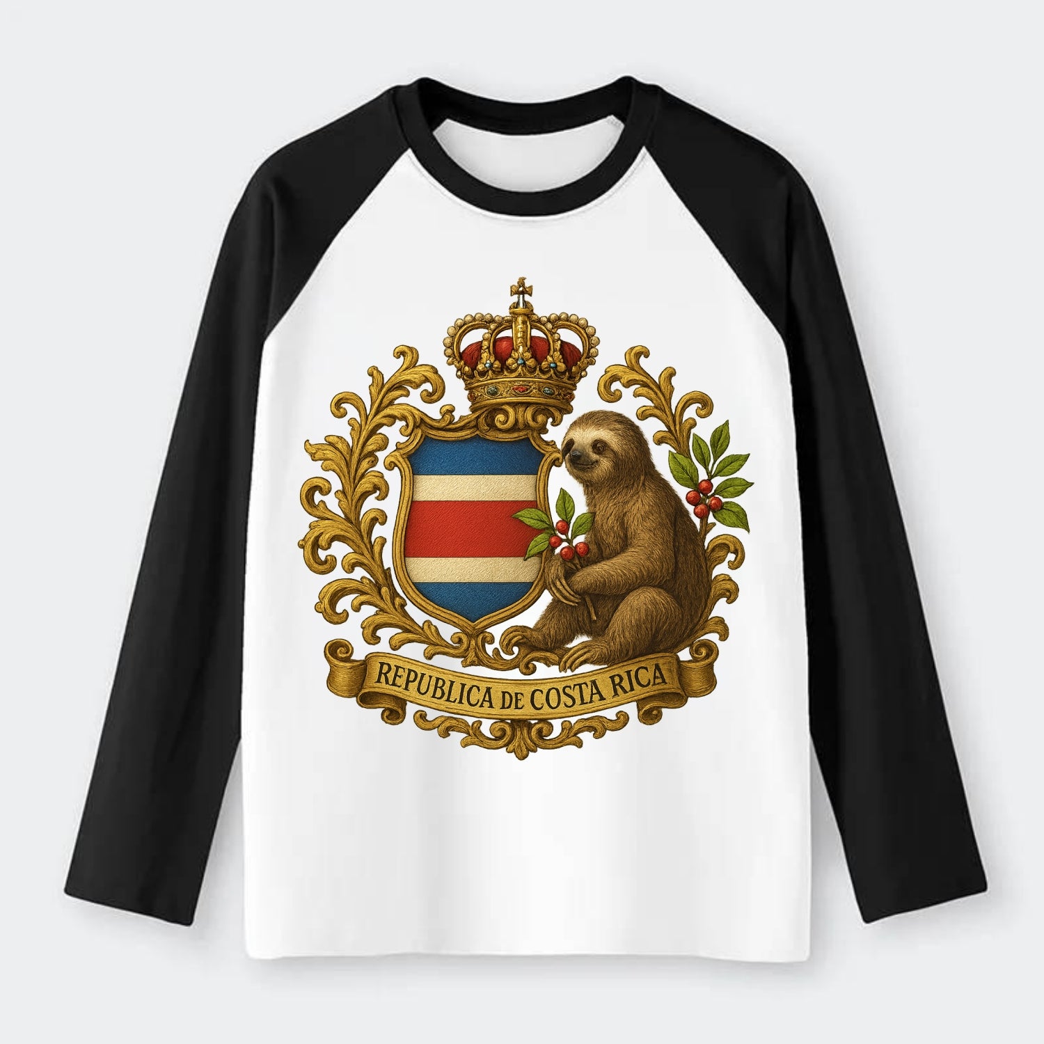 Costa Rica Sloth Emblem - Raglan Long Sleeve T-Shirt - Black