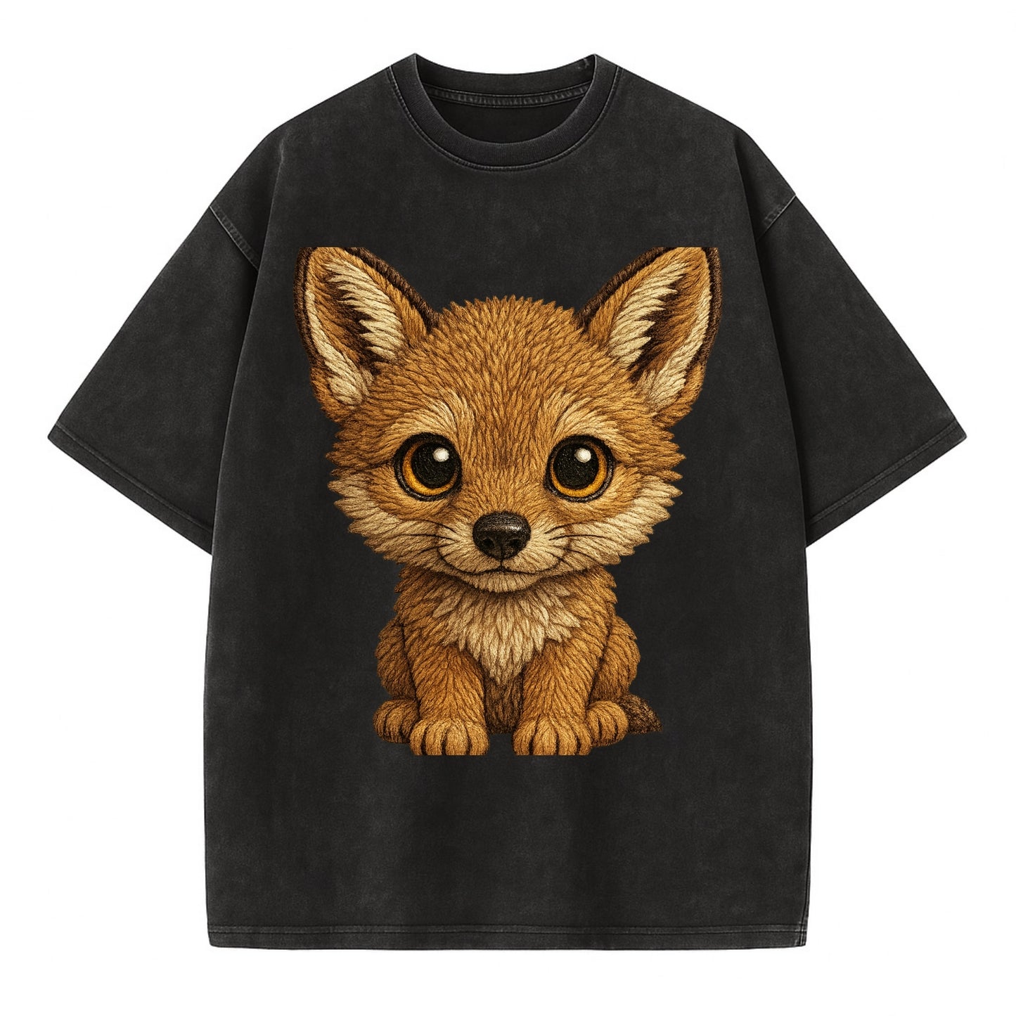 Baby Coyote Pup - tan fur, large ears, golden eyes, front-facing, clever baby - Vintage T-shirt - Black