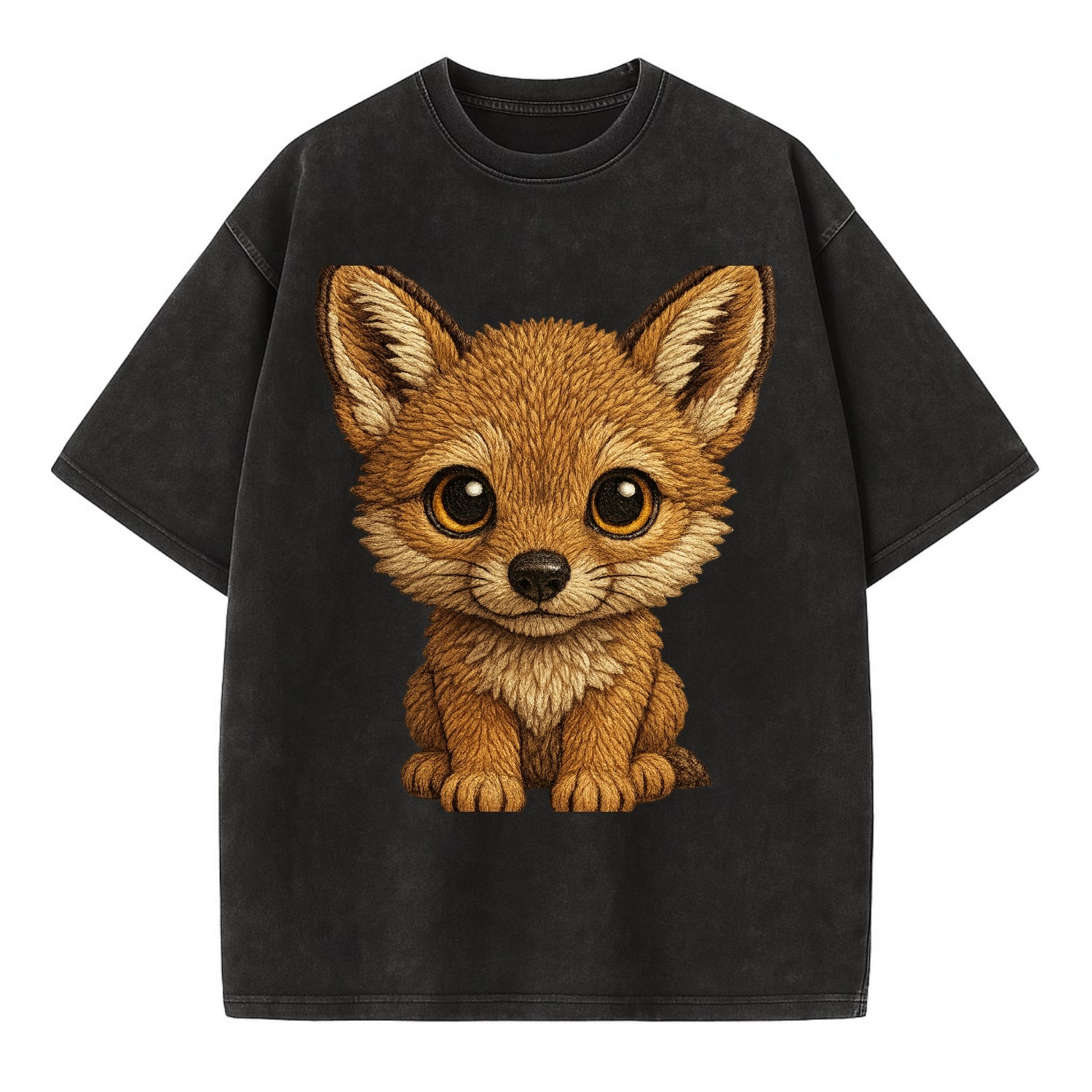Baby Coyote Pup - tan fur, large ears, golden eyes, front-facing, clever baby - Vintage T-shirt - Black