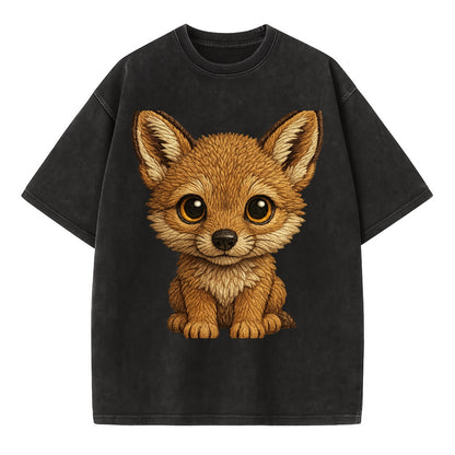 Baby Coyote Pup - tan fur, large ears, golden eyes, front-facing, clever baby - Vintage T-shirt - Black