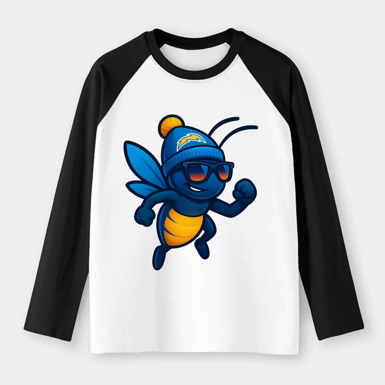 LA Lightning Bug wearing Chargers powder blue and gold beanie with pom - Raglan Long Sleeve T-Shirt - Black