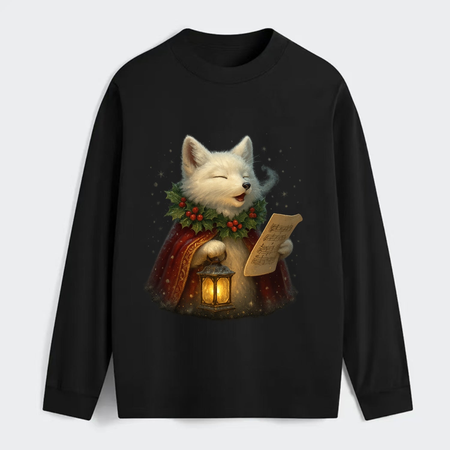 Snowbound Arctic Fox Caroler  - Classic Long Sleeve Shirt - Black