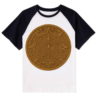 Aztec Calendar  - Contrast Raglan T-shirt - Black