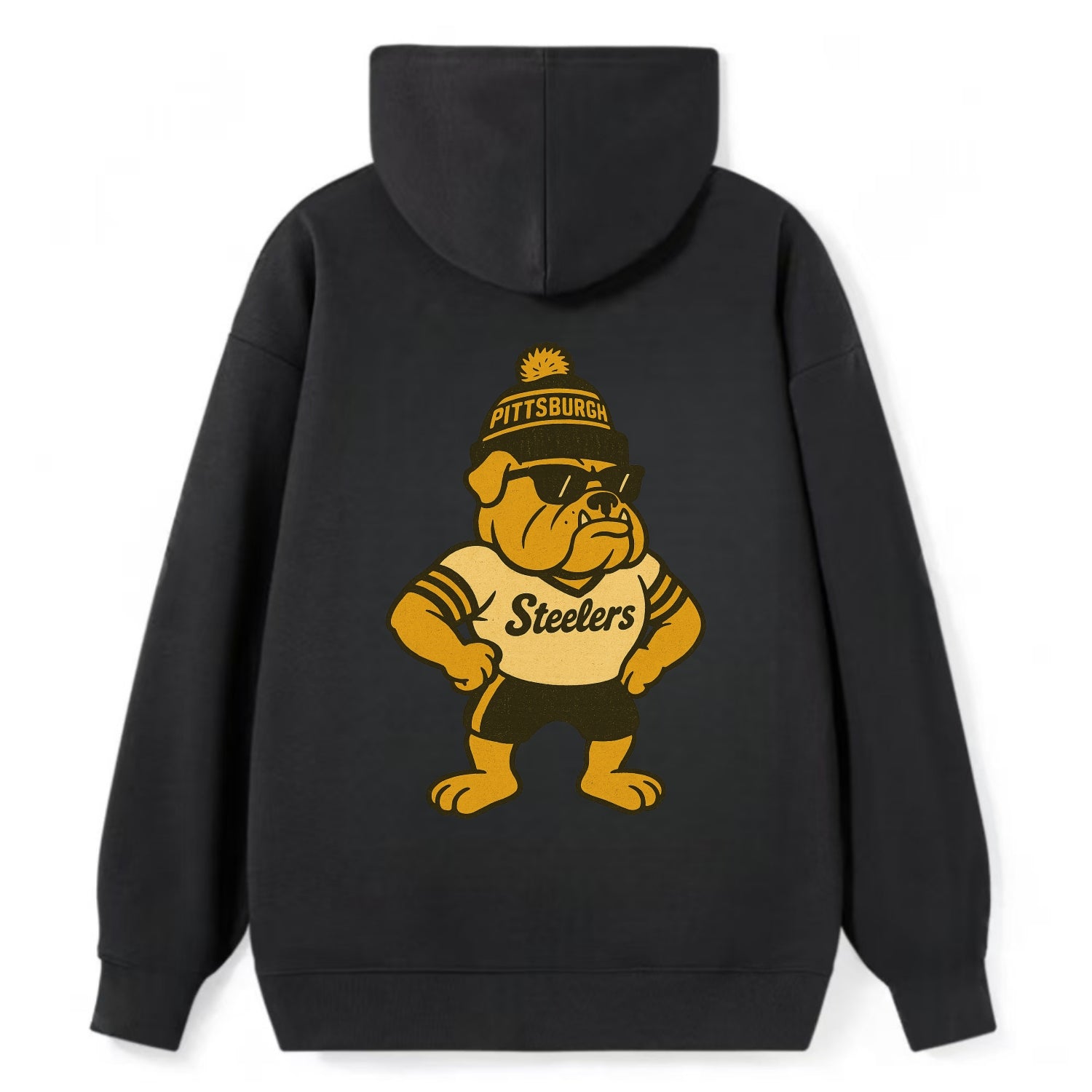Pittsburgh Bulldog wearing Steelers black and gold beanie with pom pom - Classic Pullover Hoodie - Black