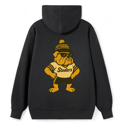 Pittsburgh Bulldog wearing Steelers black and gold beanie with pom pom - Classic Pullover Hoodie - Black