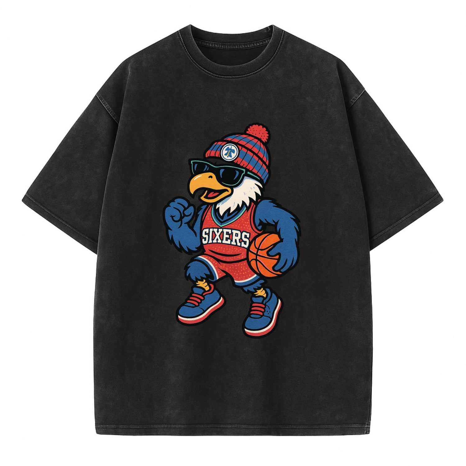 Philadelphia Eagle wearing 76ers red white and blue beanie with bell patch and - Vintage T-shirt - Black