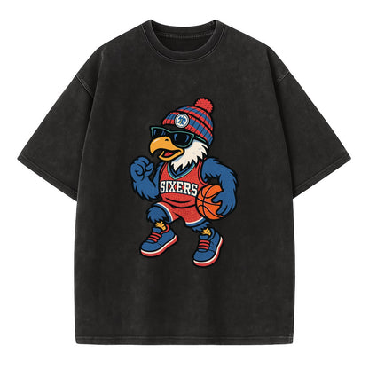 Philadelphia Eagle wearing 76ers red white and blue beanie with bell patch and - Vintage T-shirt - Black