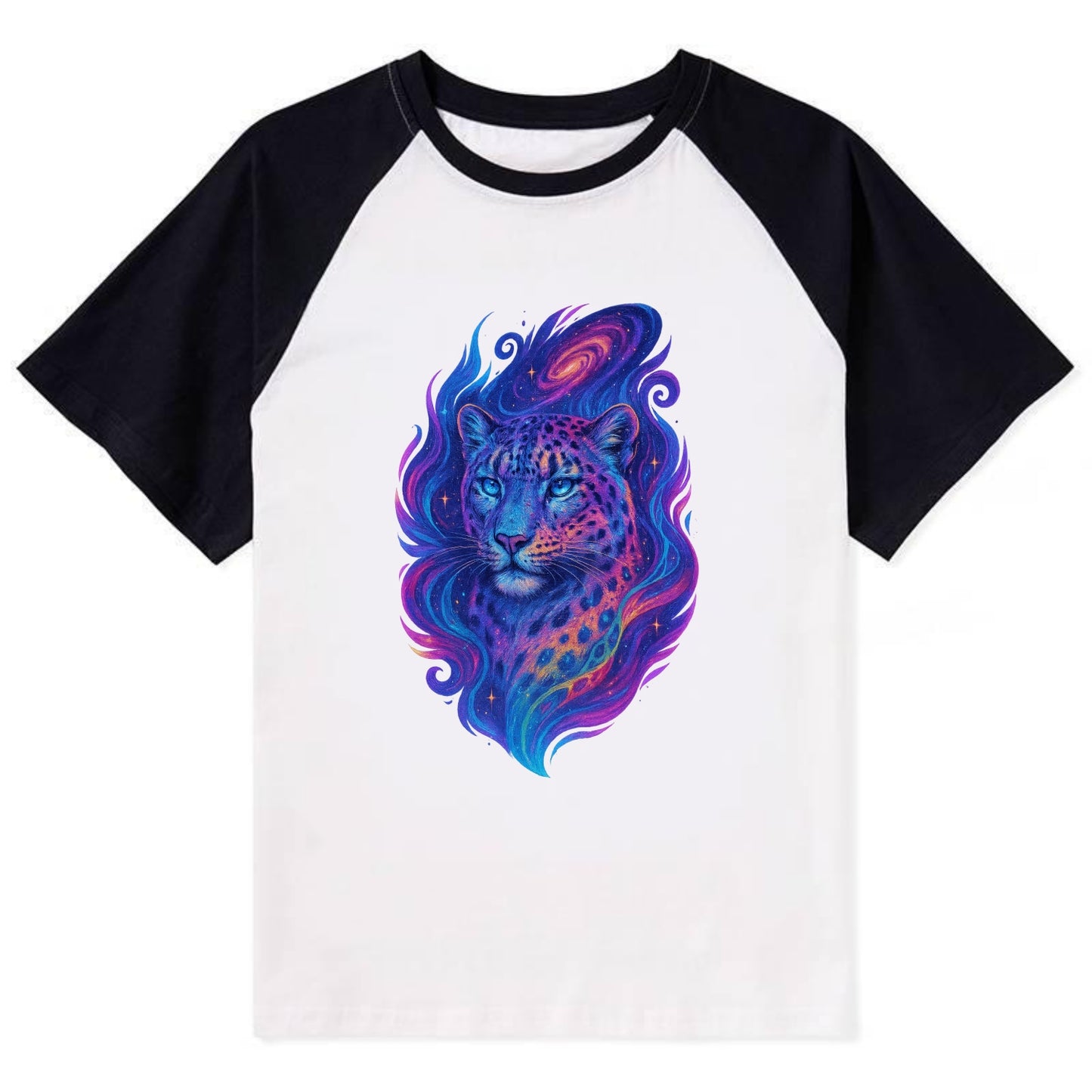 Majestic snow leopard with rainbow gradient spots, crystalline flowing - Contrast Raglan T-shirt - Black