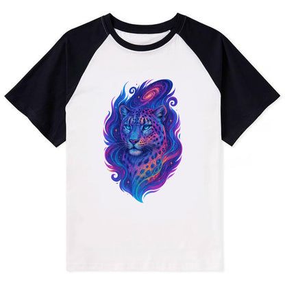 Majestic snow leopard with rainbow gradient spots, crystalline flowing - Contrast Raglan T-shirt - Black