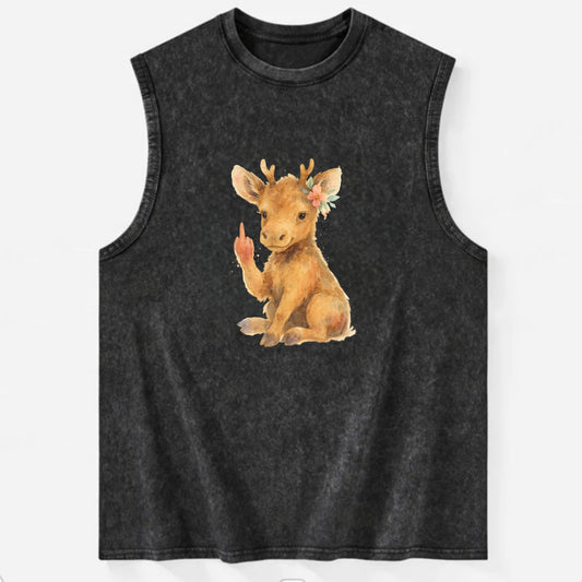 baby moose with adorable tiny antlers, one hoof raised in attitude - Vintage Washed Tank - Black