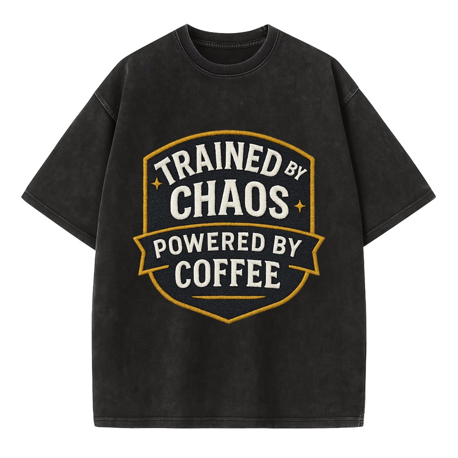 Trained by chaos, powered by coffee - Vintage T-shirt - Black