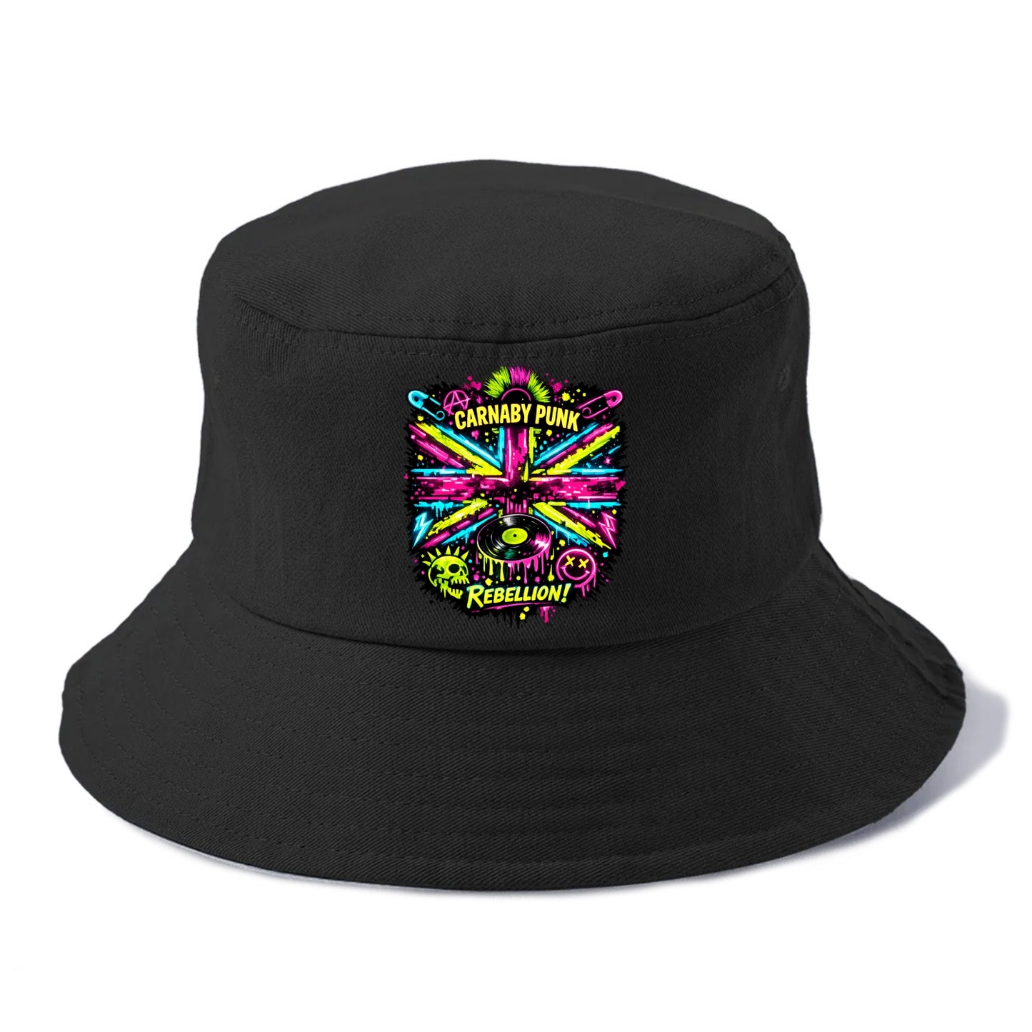 CARNABY PUNK | Swinging 60s meets 70s punk | Psychedelic Union Jack pattern | Bold - Bucket Hat - Black