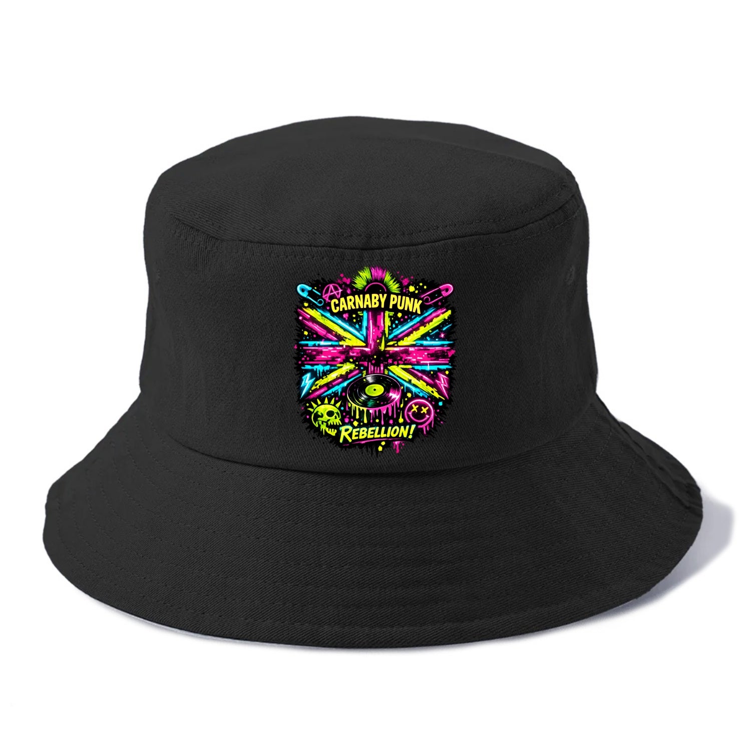 CARNABY PUNK | Swinging 60s meets 70s punk | Psychedelic Union Jack pattern | Bold - Bucket Hat - Black