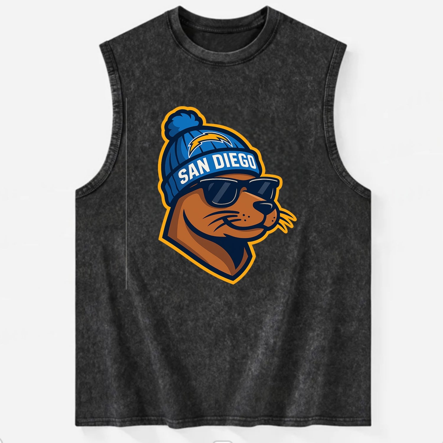 San Diego Sea Lion wearing Chargers beanie with bolt patch and wayfarer - Vintage Washed Tank - Black