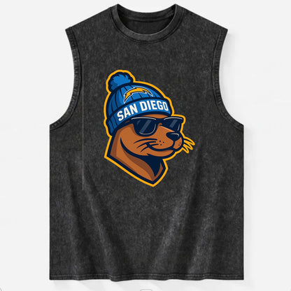 San Diego Sea Lion wearing Chargers beanie with bolt patch and wayfarer - Vintage Washed Tank - Black