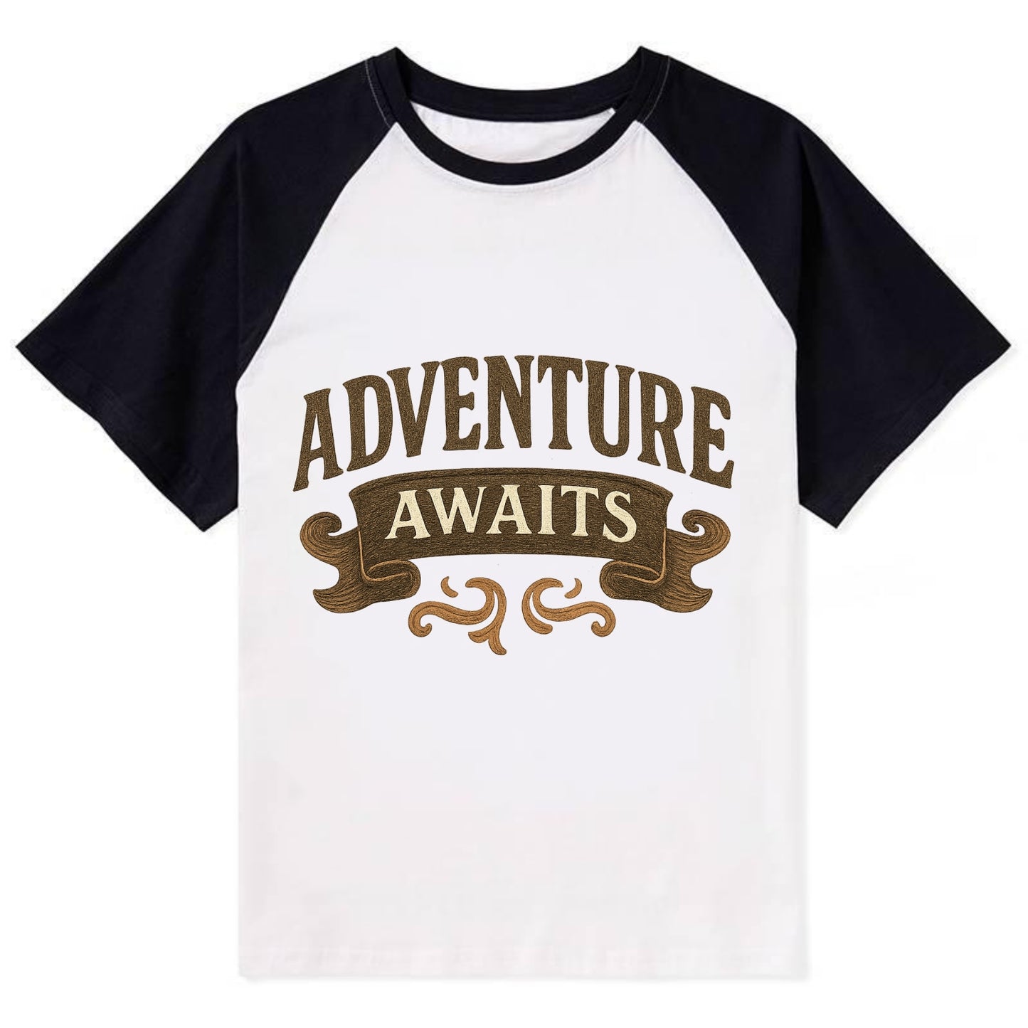 Bold typography design - "ADVENTURE AWAITS" - excitement ahead, ready for - Contrast Raglan T-shirt - Black