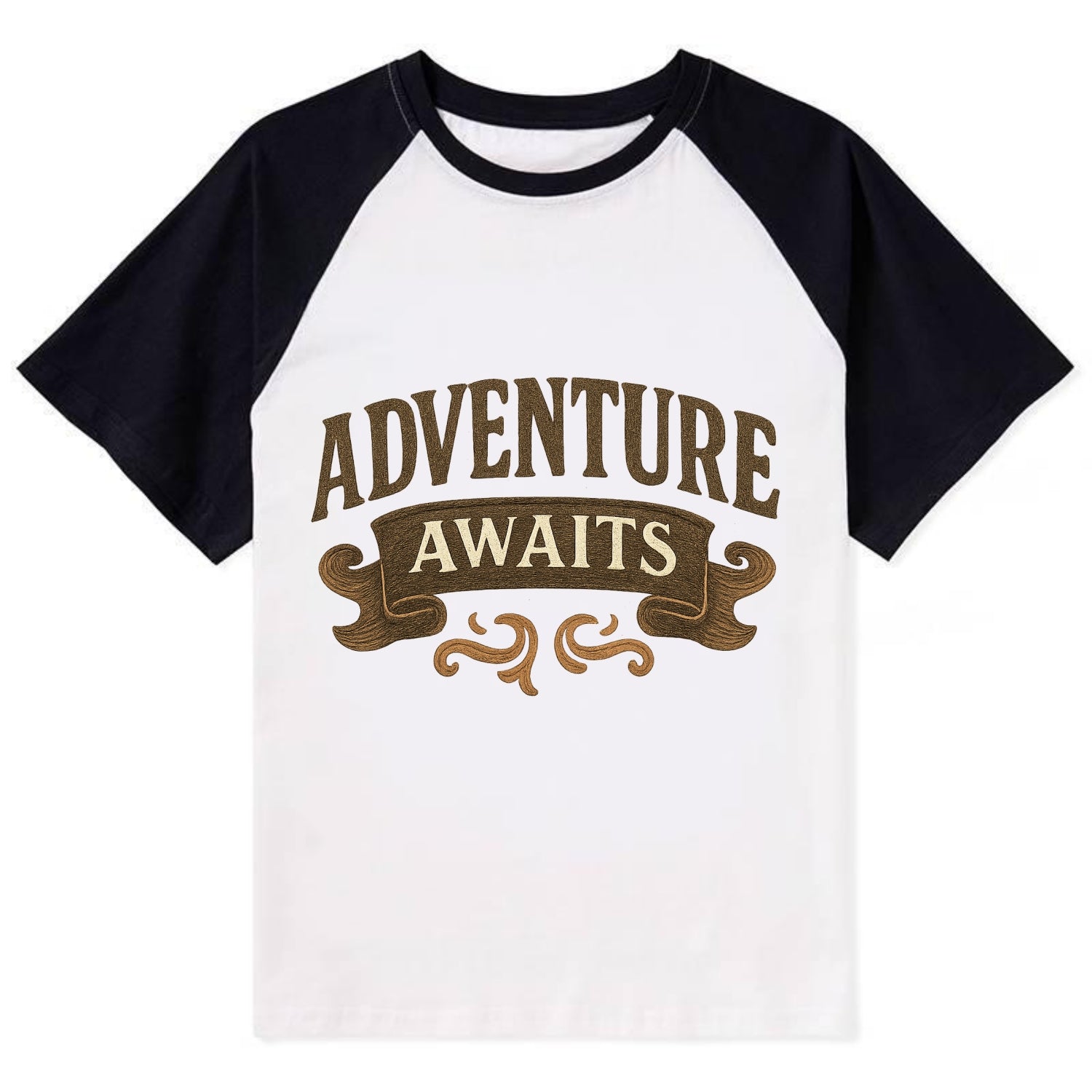 Bold typography design - "ADVENTURE AWAITS" - excitement ahead, ready for - Contrast Raglan T-shirt - Black