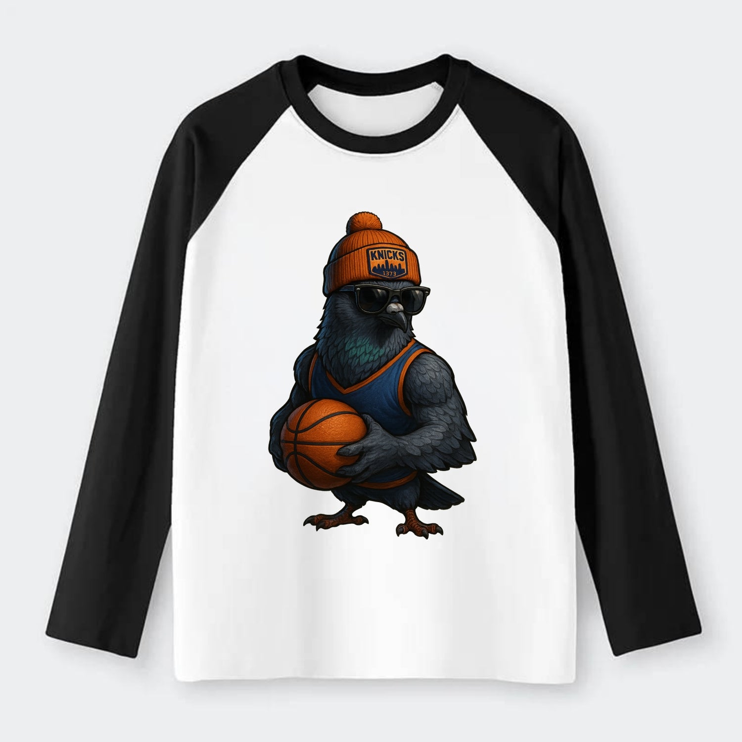 Manhattan Pigeon wearing Knicks beanie with skyline patch and wayfarer - Raglan Long Sleeve T-Shirt - Black