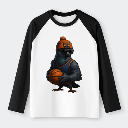 Manhattan Pigeon wearing Knicks beanie with skyline patch and wayfarer - Raglan Long Sleeve T-Shirt - Black