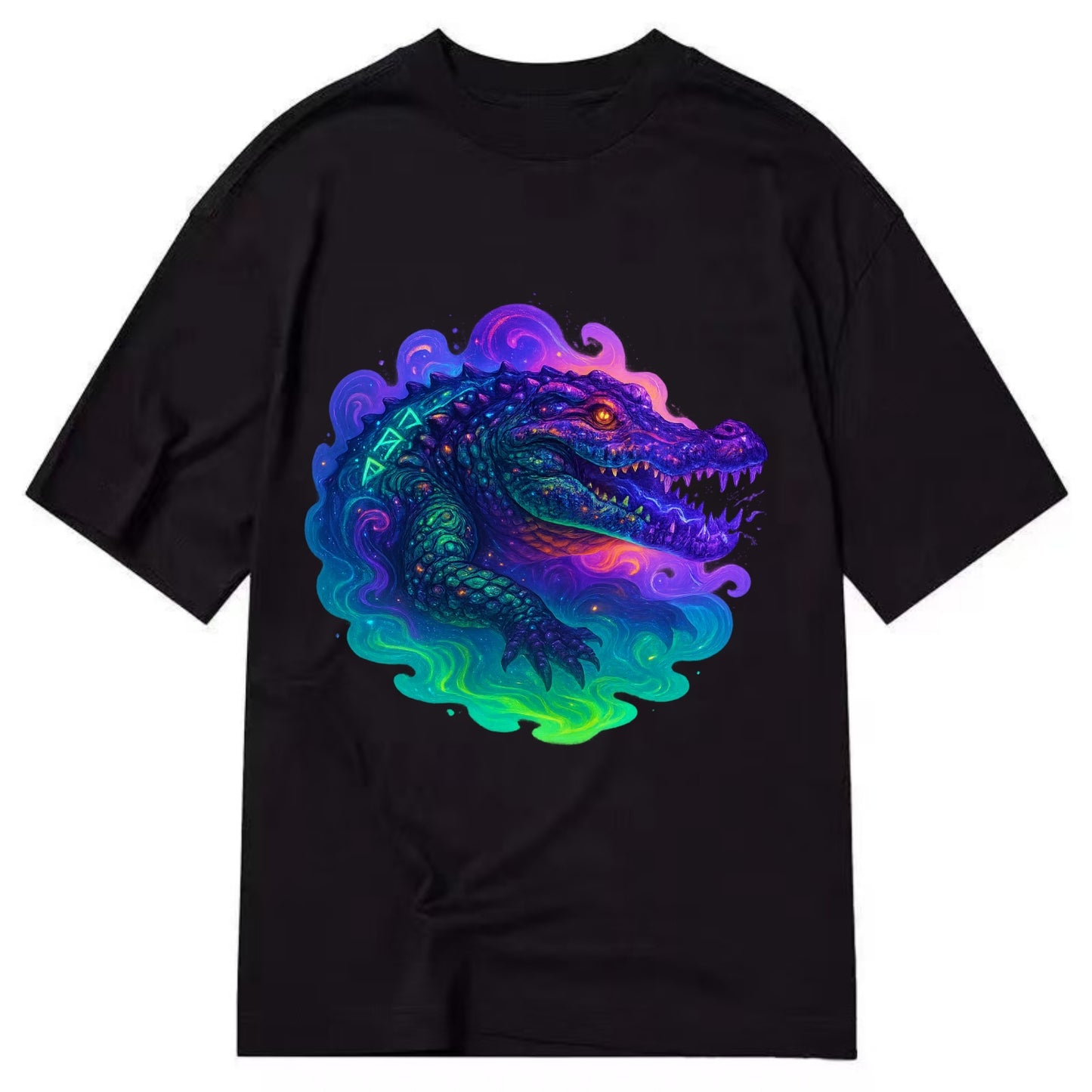 Primordial crocodile with scales pulsing plasma energy in green and purple, - Classic T-shirt - Black