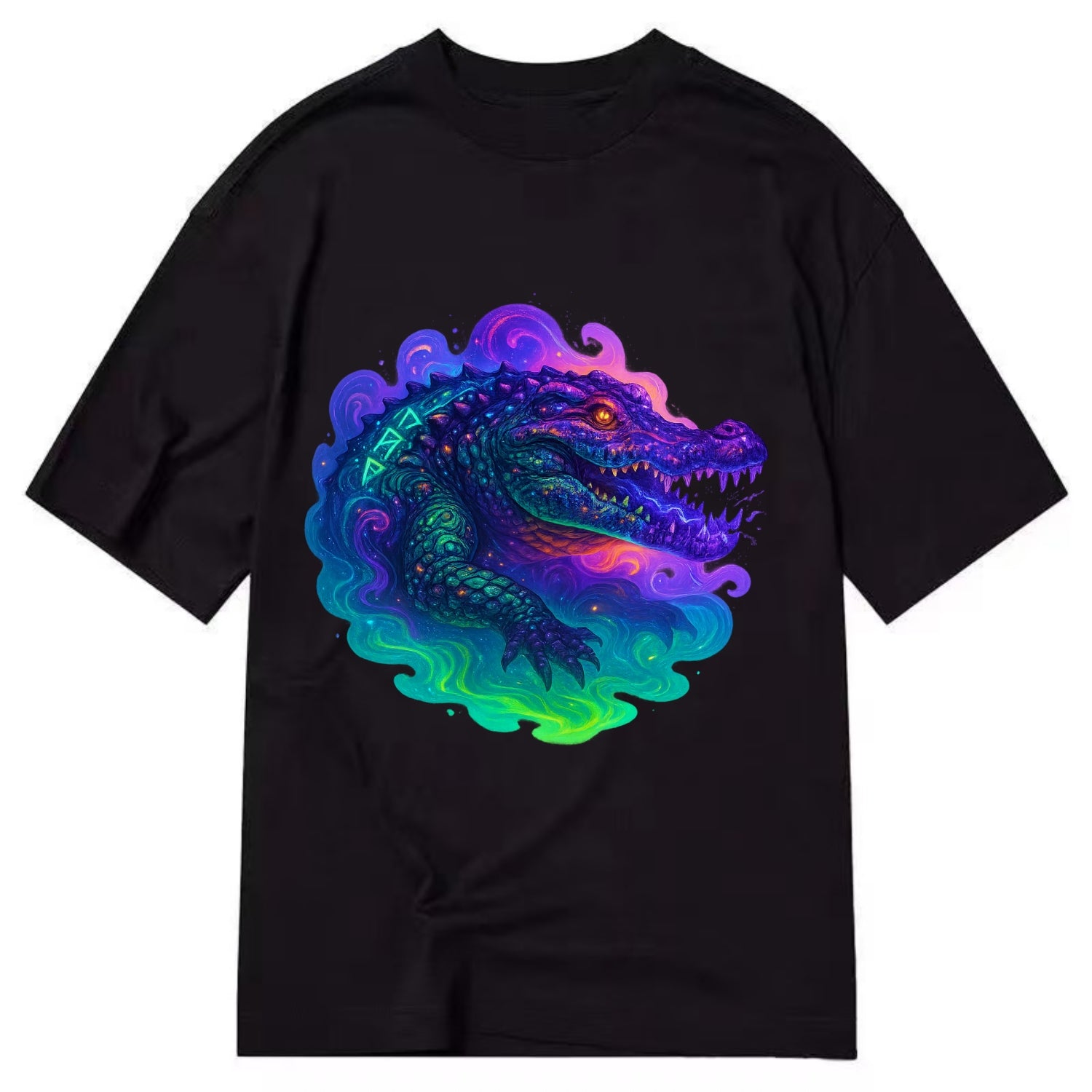 Primordial crocodile with scales pulsing plasma energy in green and purple, - Classic T-shirt - Black
