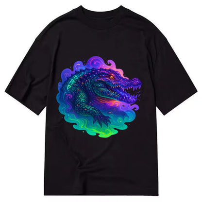 Primordial crocodile with scales pulsing plasma energy in green and purple, - Classic T-shirt - Black