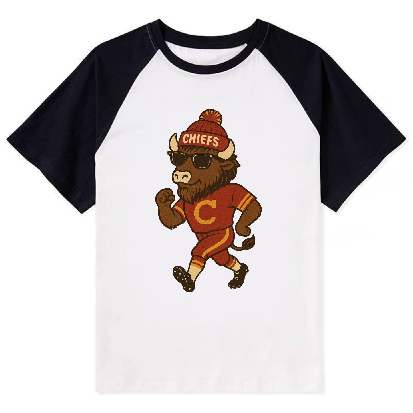 KC Bison wearing Chiefs beanie with arrowhead patch and wayfarer - Contrast Raglan T-shirt - Black