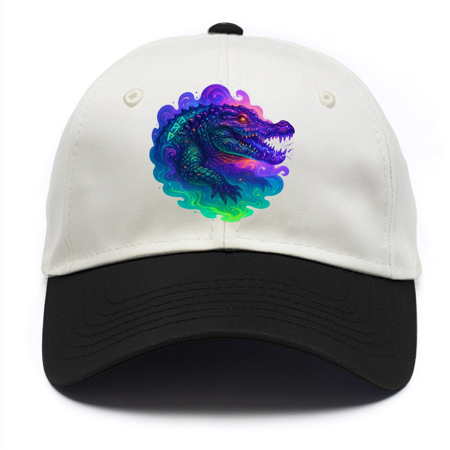 Primordial crocodile with scales pulsing plasma energy in green and purple, ancient - Two Tone Cap - Black