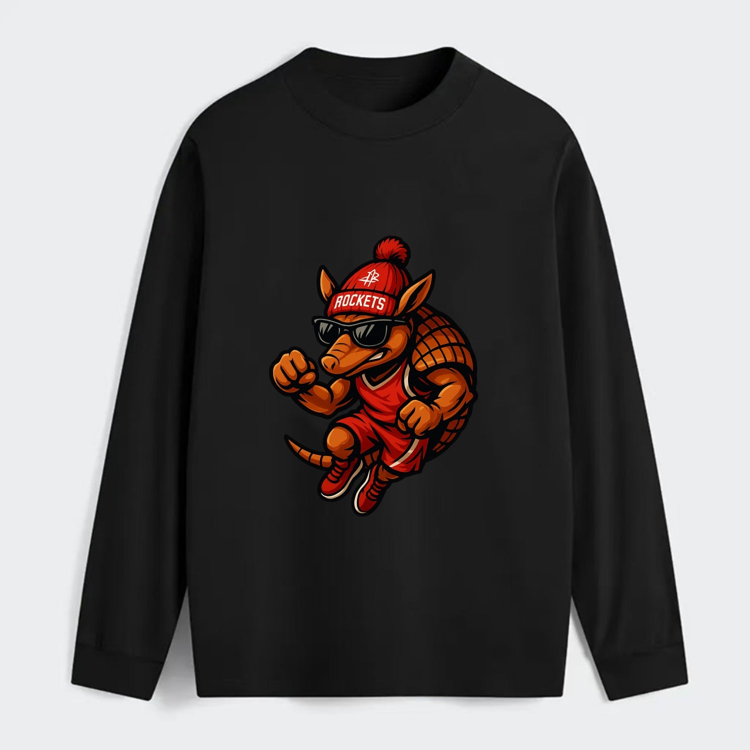 Houston Armadillo wearing Rockets red and silver beanie with rocket - Classic Long Sleeve Shirt - Black