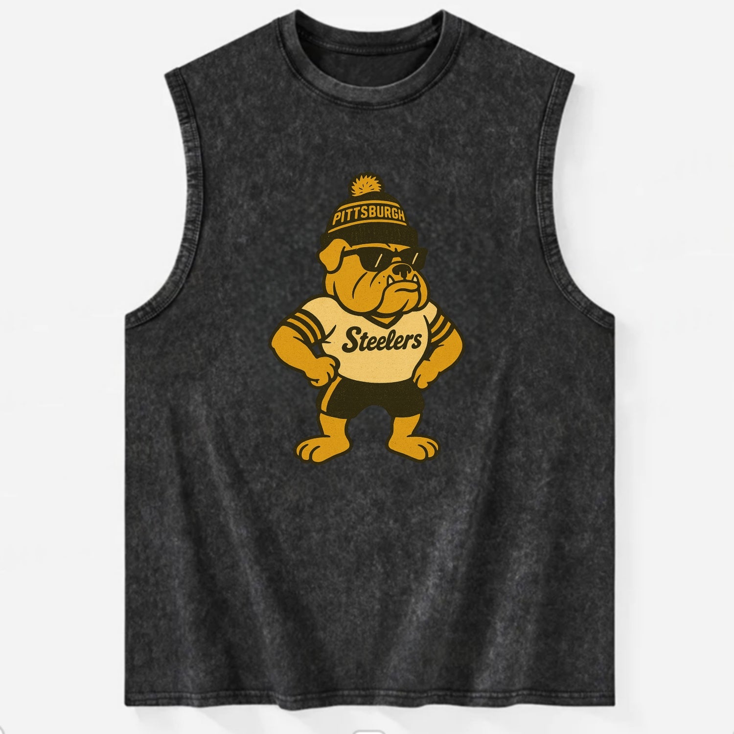 Pittsburgh Bulldog wearing Steelers black and gold beanie with pom pom and - Vintage Washed Tank - Black