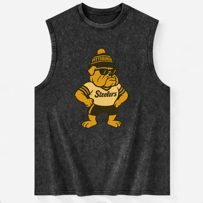 Pittsburgh Bulldog wearing Steelers black and gold beanie with pom pom and - Vintage Washed Tank - Black